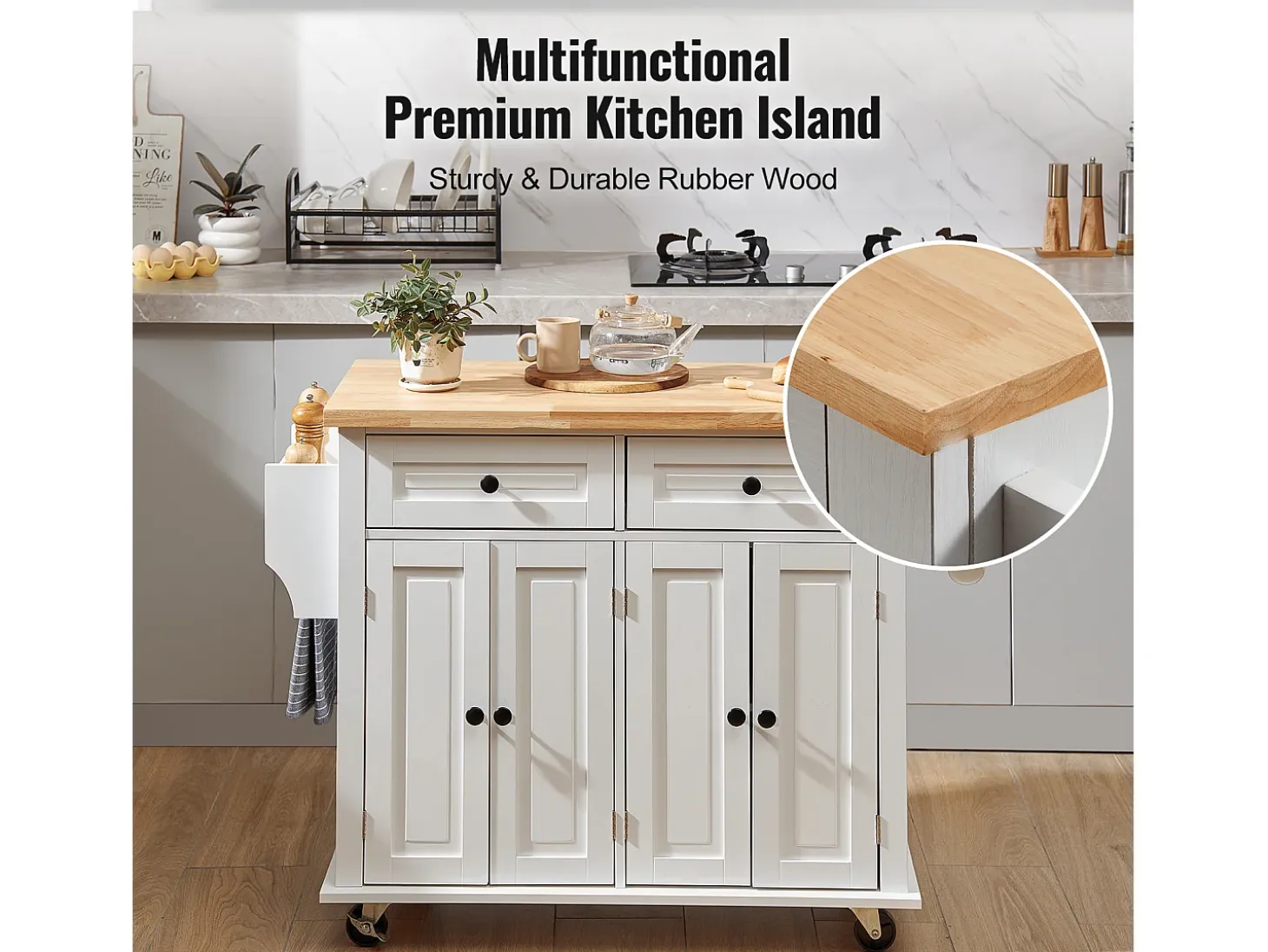Mesón de Cocina con Ruedas SucceBuy, 90cm, Armario Rodante de Estorage con Cajón y Soporte, Blanco