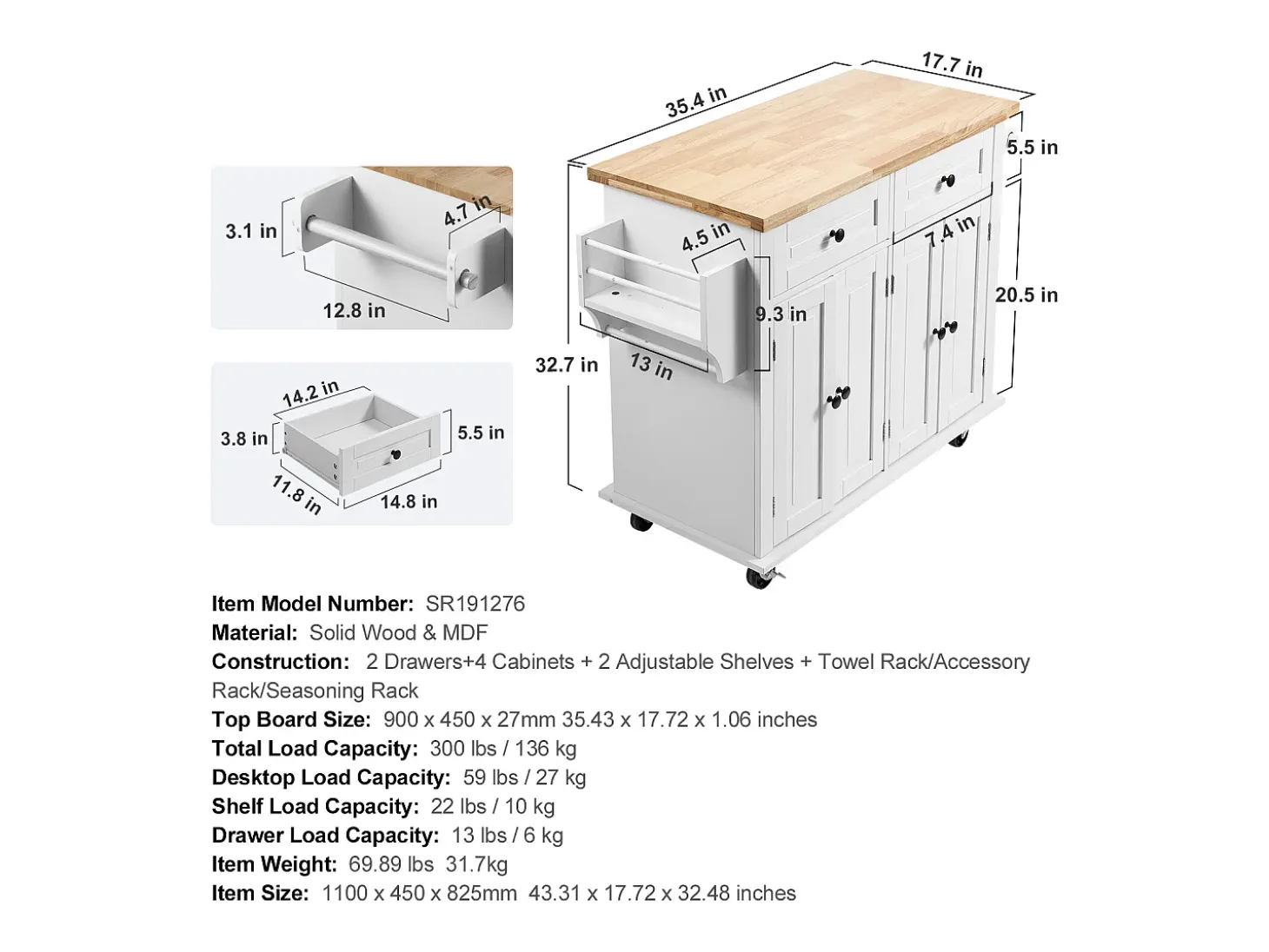 Mesón de Cocina con Ruedas SucceBuy, 90cm, Armario Rodante de Estorage con Cajón y Soporte, Blanco