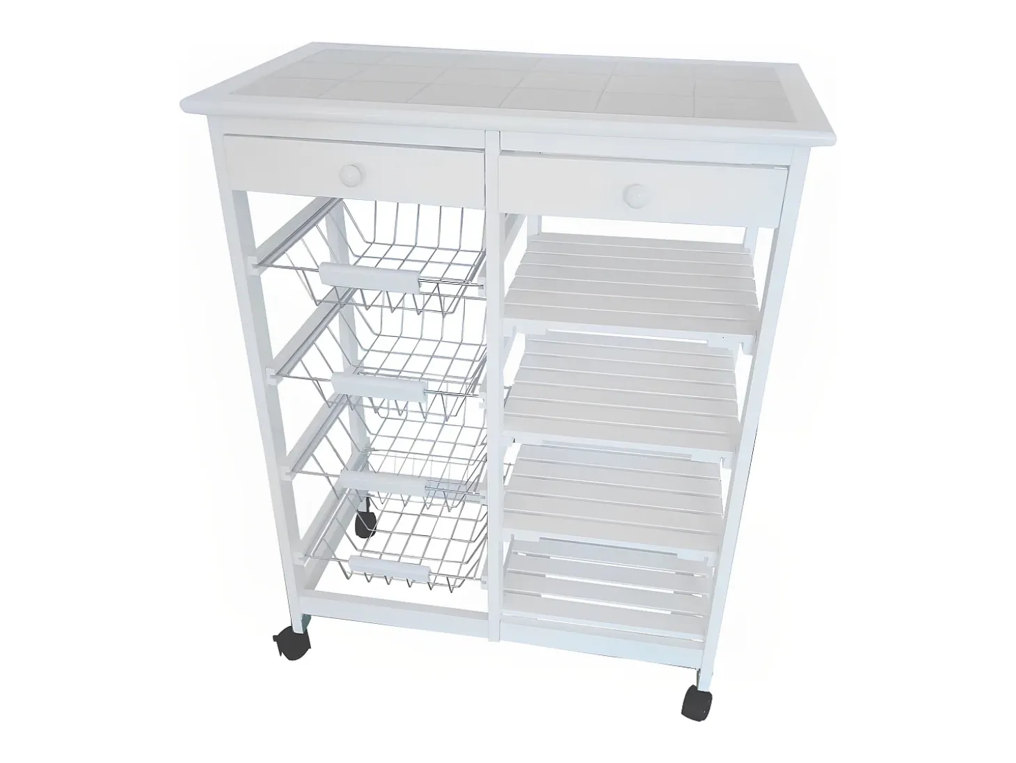 Meyvaser - Carro de cocina verdulero Doble con 4 Cestas 4 Baldas Y 2 Cajones Color Blanco 85 x 67 x 37 Cm