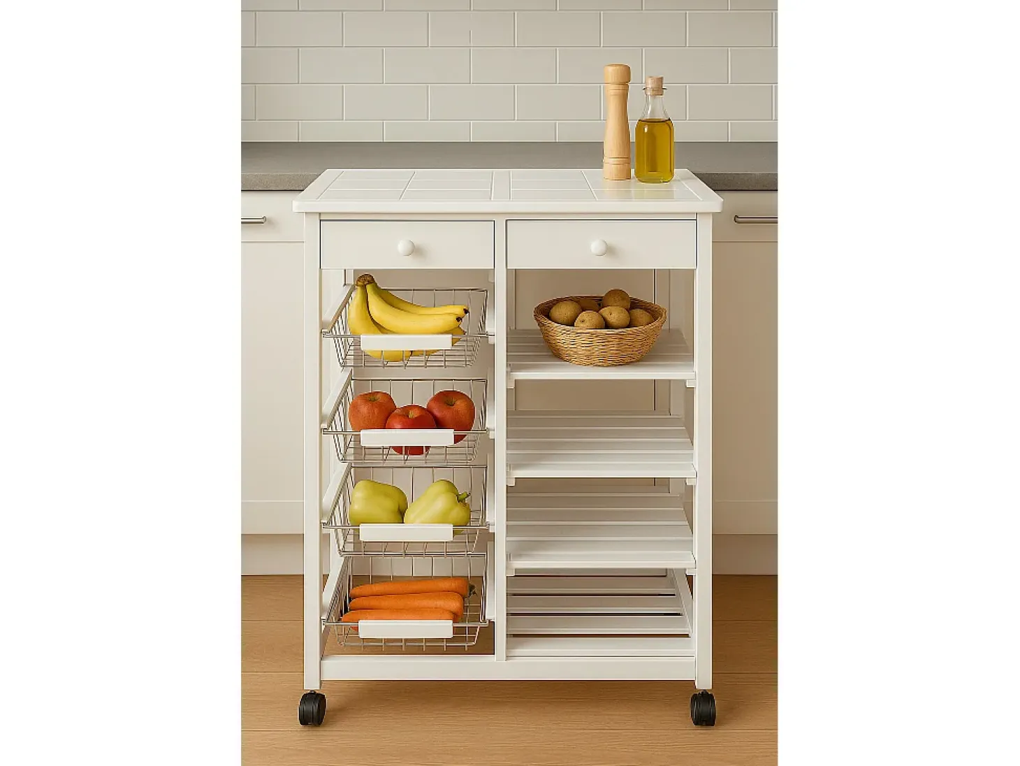 Meyvaser - Carro de cocina verdulero Doble con 4 Cestas 4 Baldas Y 2 Cajones Color Blanco 85 x 67 x 37 Cm