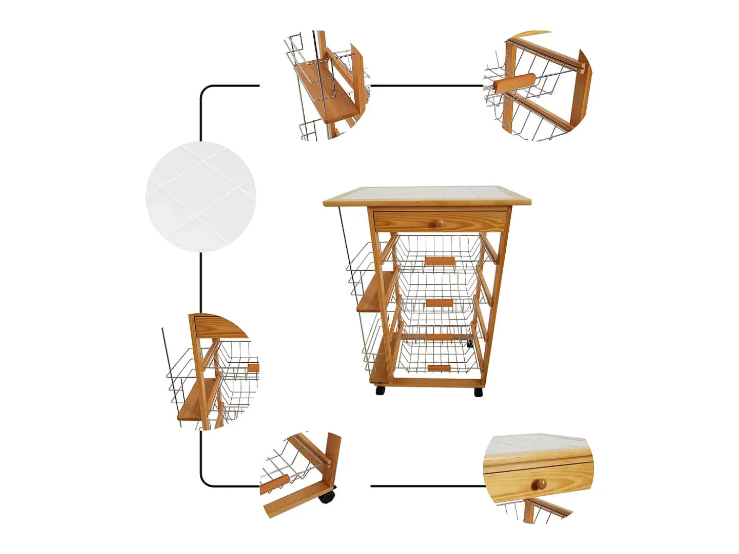 Meyvaser - Carro de cocina con ruedas 57x37x82 Oporto 5 tapa de azulejos y botellero lateral