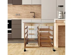 Meyvaser - Carro de cocina con ruedas doble con 4 cestas 4 baldas y 2 Cajones con ruedas Color miel 85 x 67 x 37 Cm