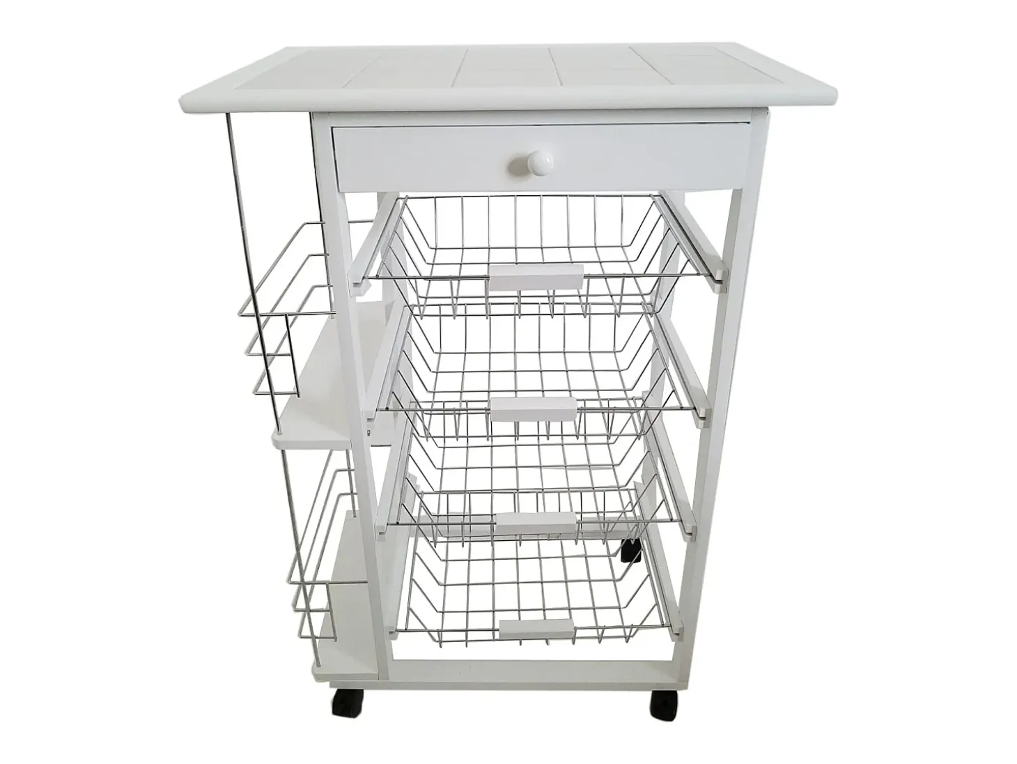 Meyvaser - Verdulero Carro Cocina Bahia 5 Color Blanco con botellero latera y Tapa de azulejos 82 x 57 x 37 Cm