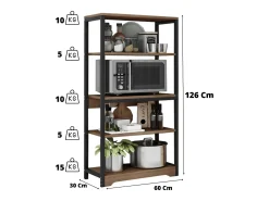Meyvaser Estantería de Cocina Con Marco de Metal Negro, Estante Industrial para microondas 60x30x126 cm