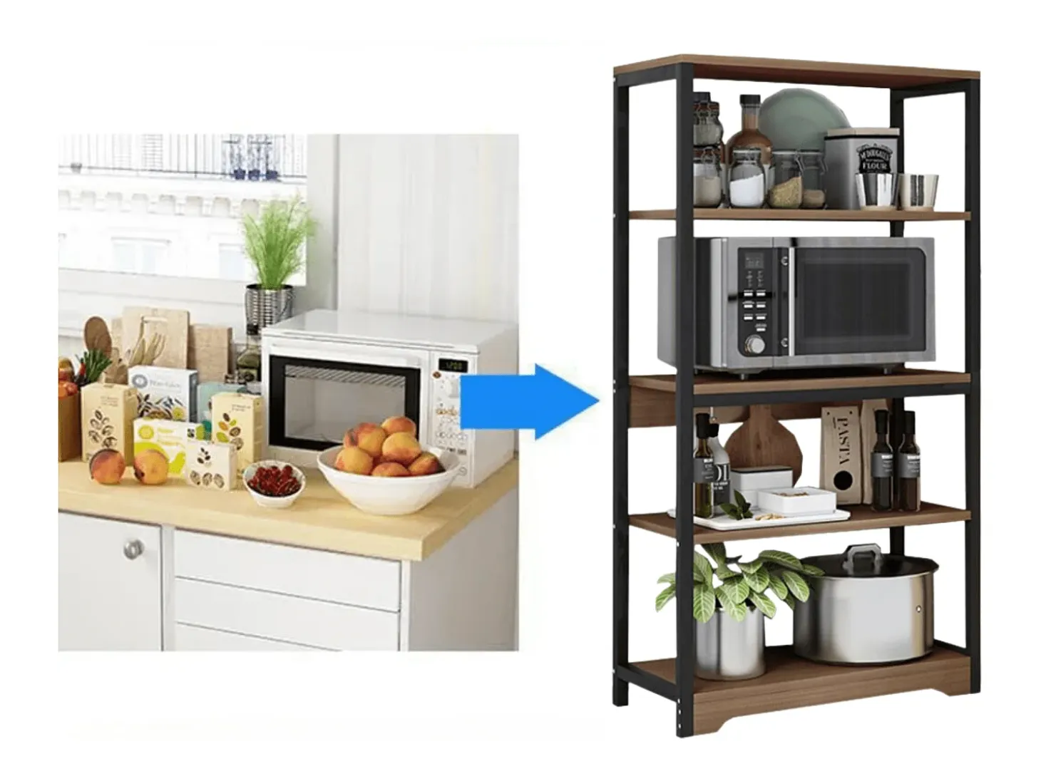Meyvaser Estantería de Cocina Con Marco de Metal Negro, Estante Industrial para microondas 60x30x126 cm