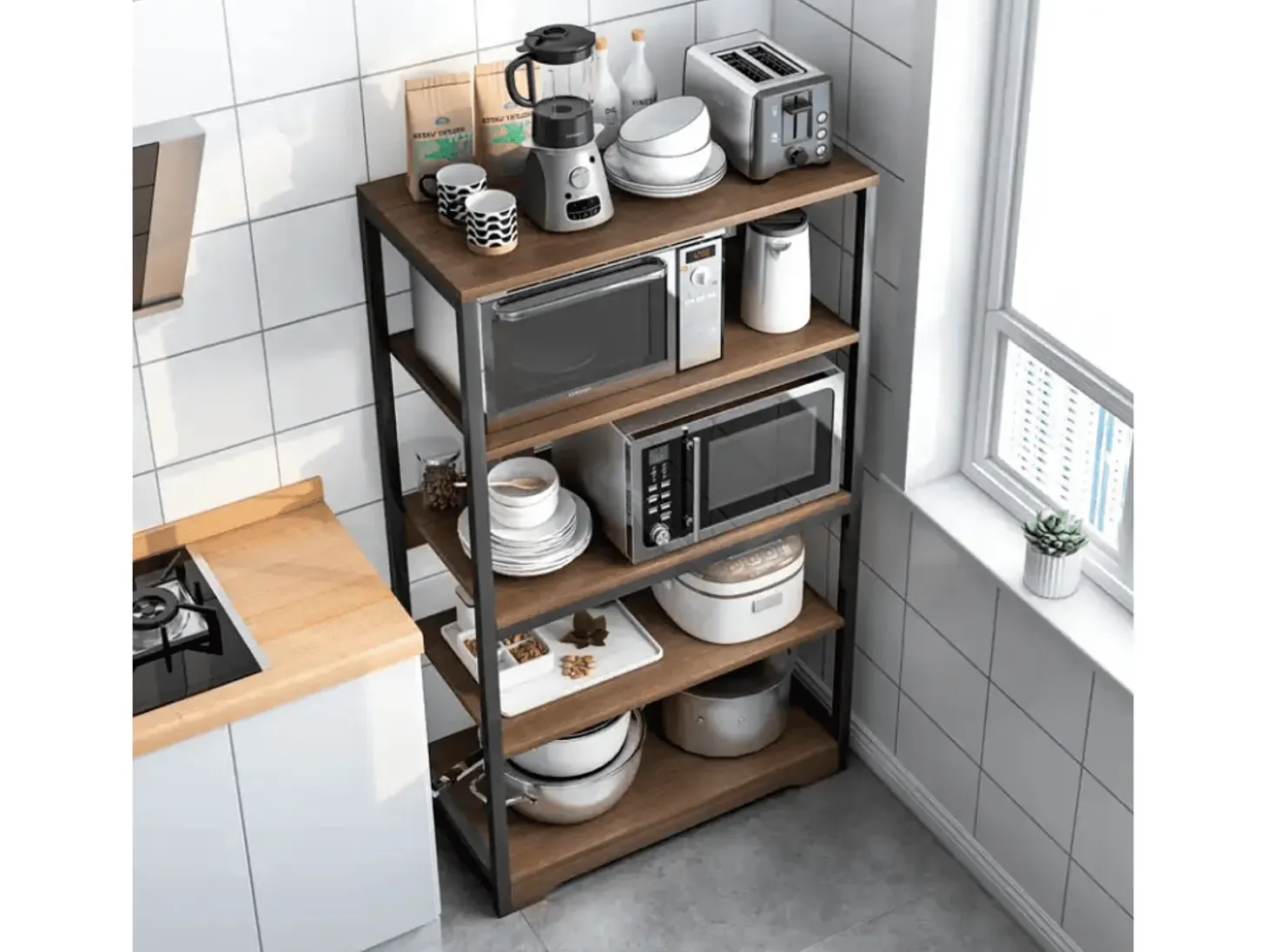 Meyvaser Estantería de Cocina Con Marco de Metal Negro, Estante Industrial para microondas 60x30x126 cm