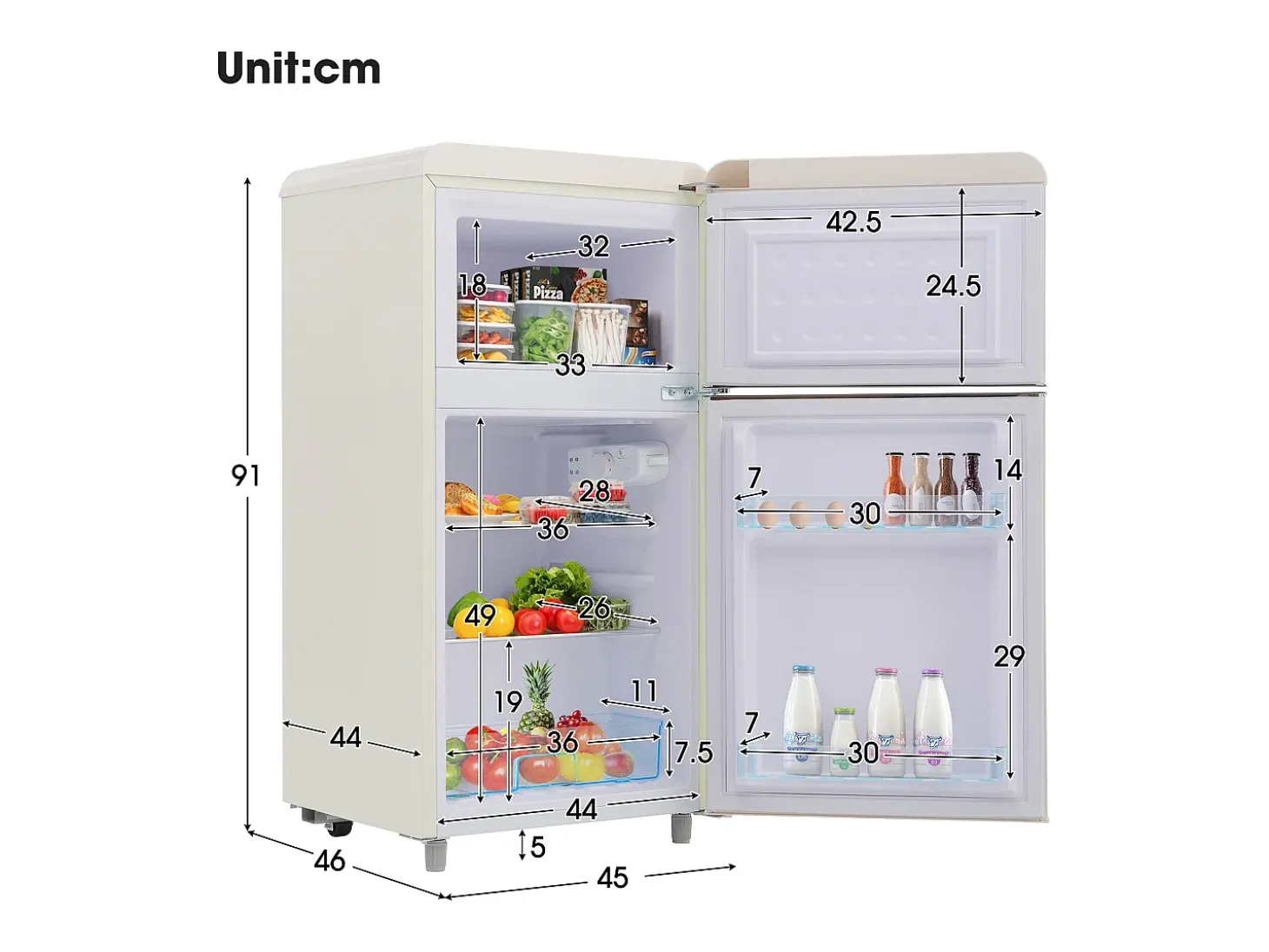 Mini nevera retro, 72 L en total, 21 L en congelador, 51 L en frigorífico, Clase energética E, LED, Diseño retro, Blanco (45 x 44 x 91 cm)