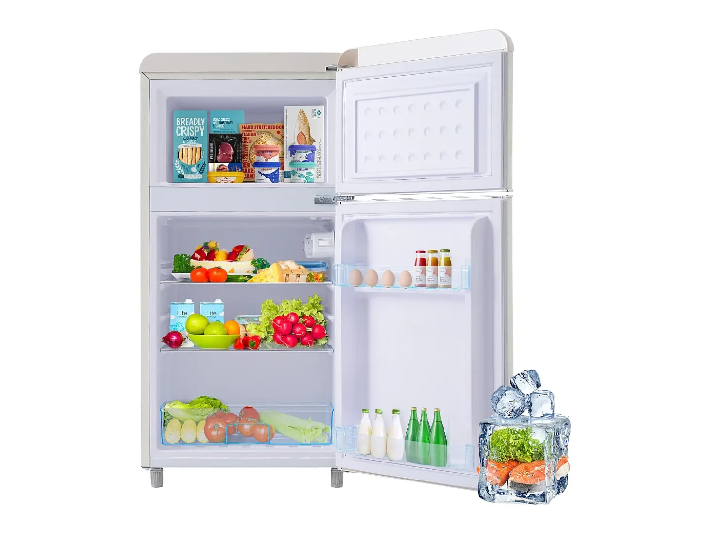 Mini nevera retro, 72 L en total, 21 L en congelador, 51 L en frigorífico, Clase energética E, LED, Diseño retro, Blanco (45 x 44 x 91 cm)