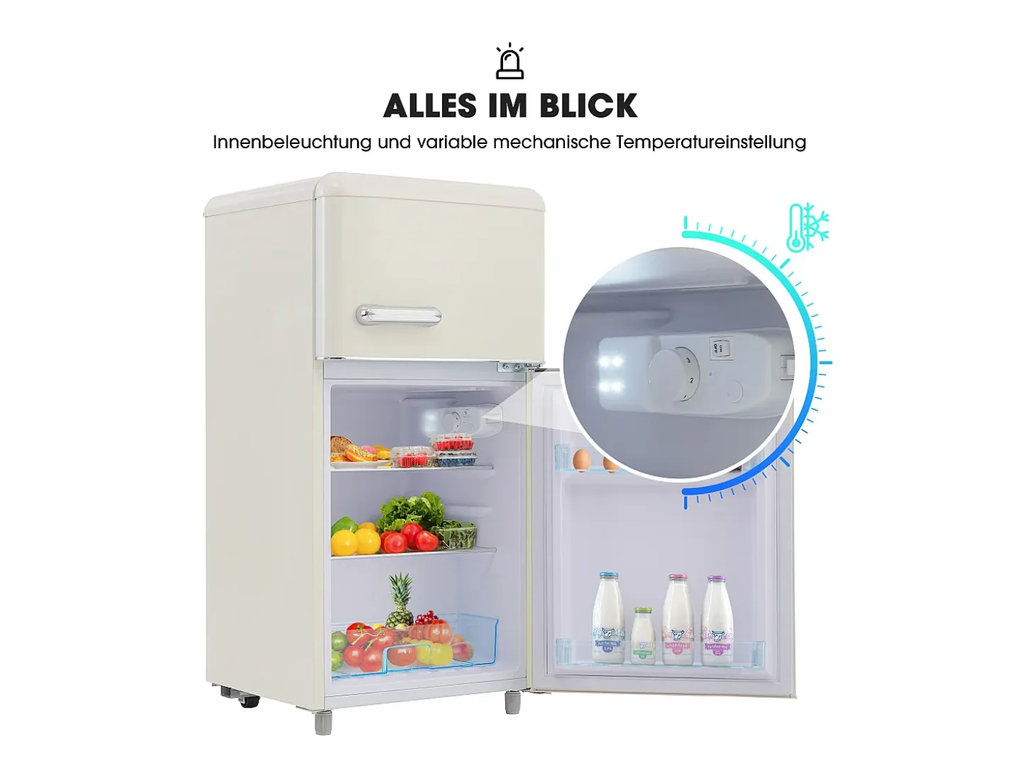 Mini nevera retro, 72 L en total, 21 L en congelador, 51 L en frigorífico, Clase energética E, LED, Diseño retro, Blanco (45 x 44 x 91 cm)