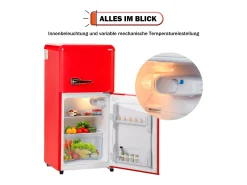 Mini nevera retro, 60 L en total, 22 L en congelador, 38 L en frigorífico, clase energética E, LED, diseño retro, color rojo (88,8 x 45,5 x 42,5 cm)