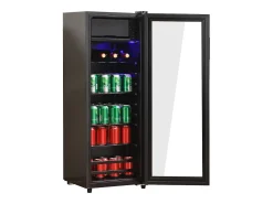 Mini refrigerador de 128 L, congelador de 8 L + refrigerador de 120 L, 7 niveles de temperatura, LED, R600a, acero inoxidable, negro (40 x 43,5 x 110 cm)