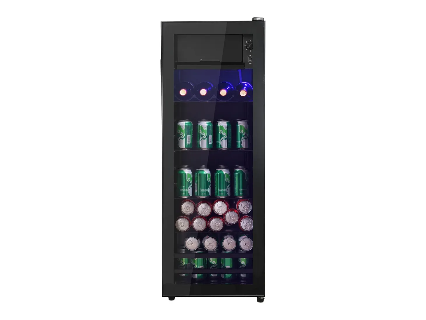Mini refrigerador de 128 L, congelador de 8 L + refrigerador de 120 L, 7 niveles de temperatura, LED, R600a, acero inoxidable, negro (40 x 43,5 x 110 cm)
