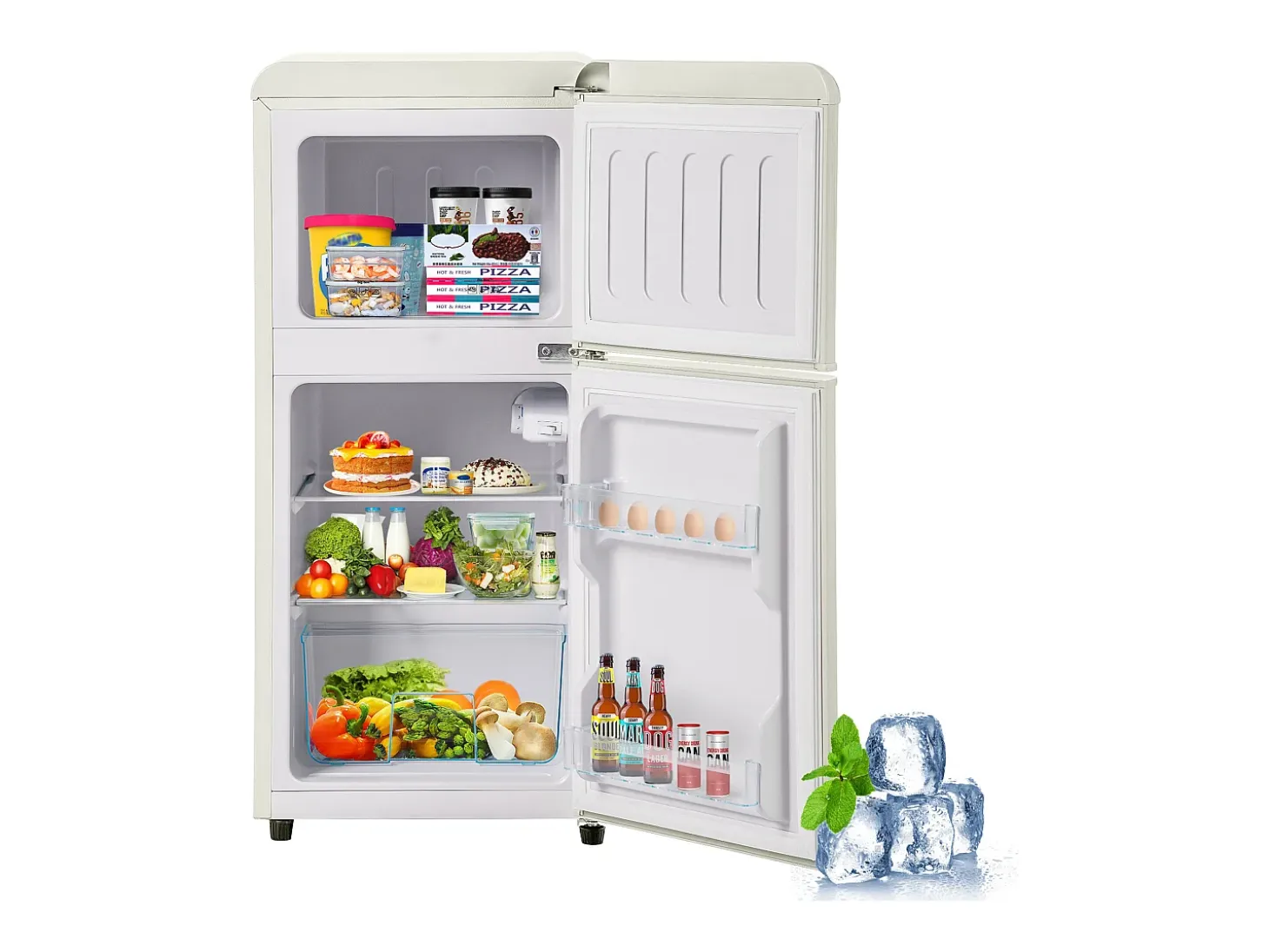 Mini refrigerador de doble puerta, 60 L en total, congelador de 22 L, refrigerador de 38 L, LED, plástico, blanco crema (88,8 x 45,5 x 42,5 cm)