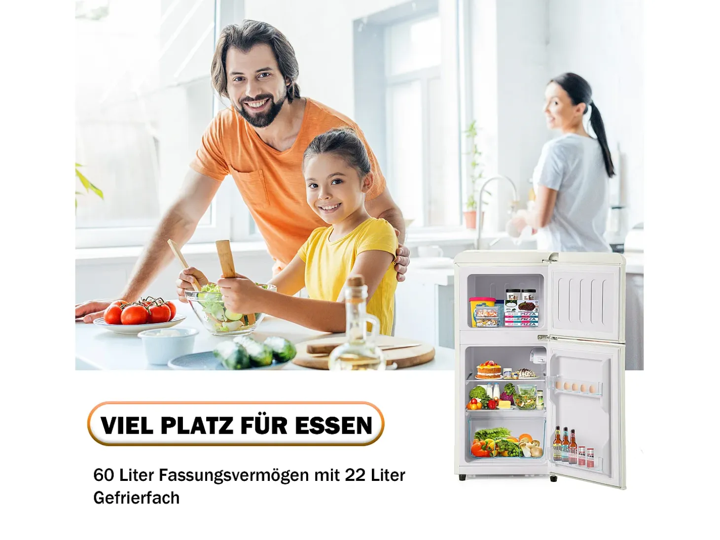 Mini refrigerador de doble puerta, 60 L en total, congelador de 22 L, refrigerador de 38 L, LED, plástico, blanco crema (88,8 x 45,5 x 42,5 cm)