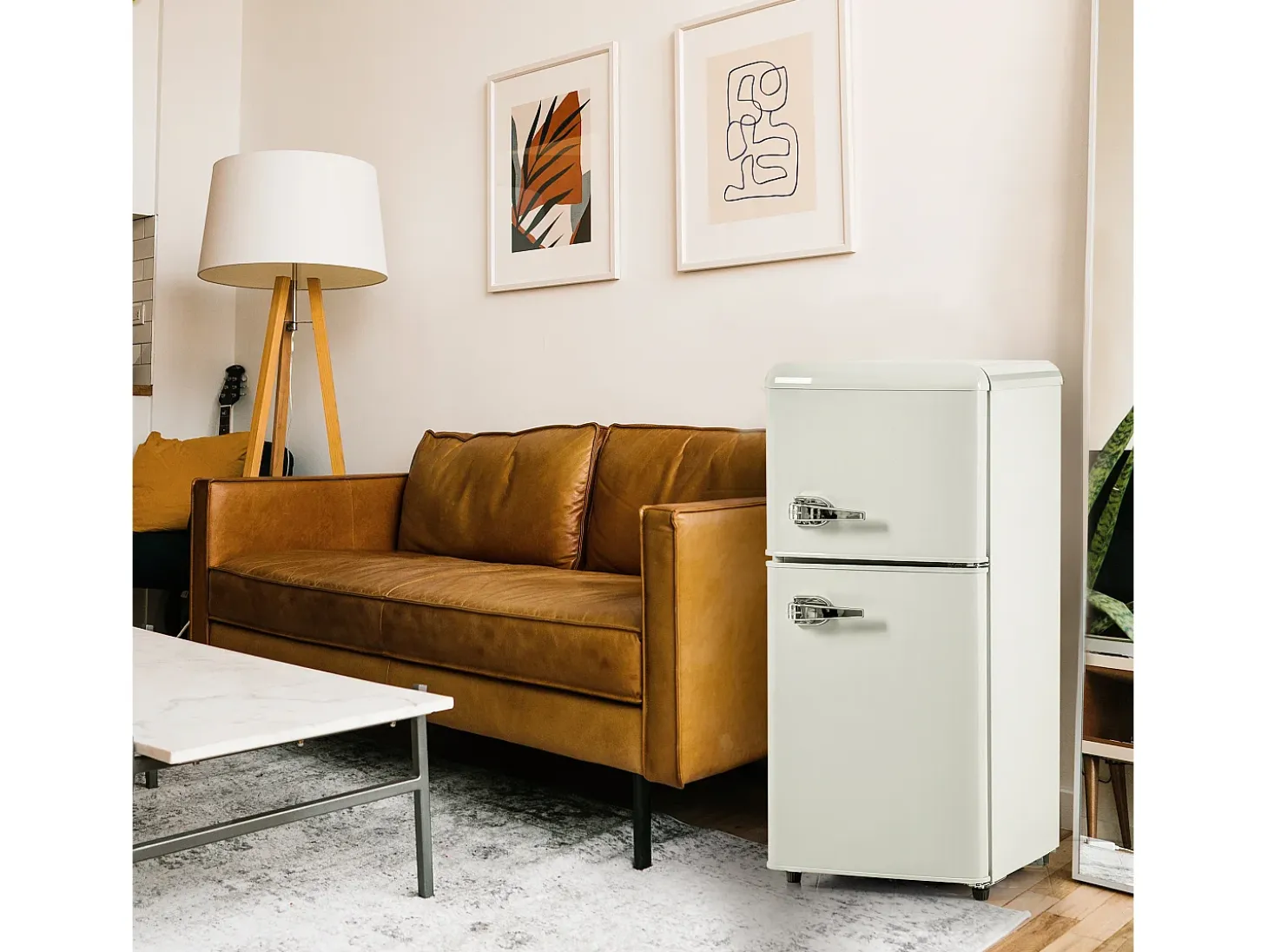Mini refrigerador de doble puerta, 60 L en total, congelador de 22 L, refrigerador de 38 L, LED, plástico, blanco crema (88,8 x 45,5 x 42,5 cm)
