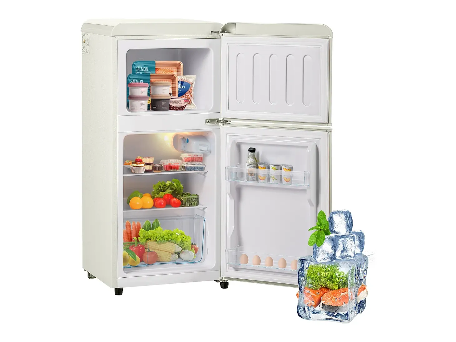 Mini refrigerador de doble puerta, 60 L en total, congelador de 22 L, refrigerador de 38 L, LED, plástico, blanco crema (88,8 x 45,5 x 42,5 cm)