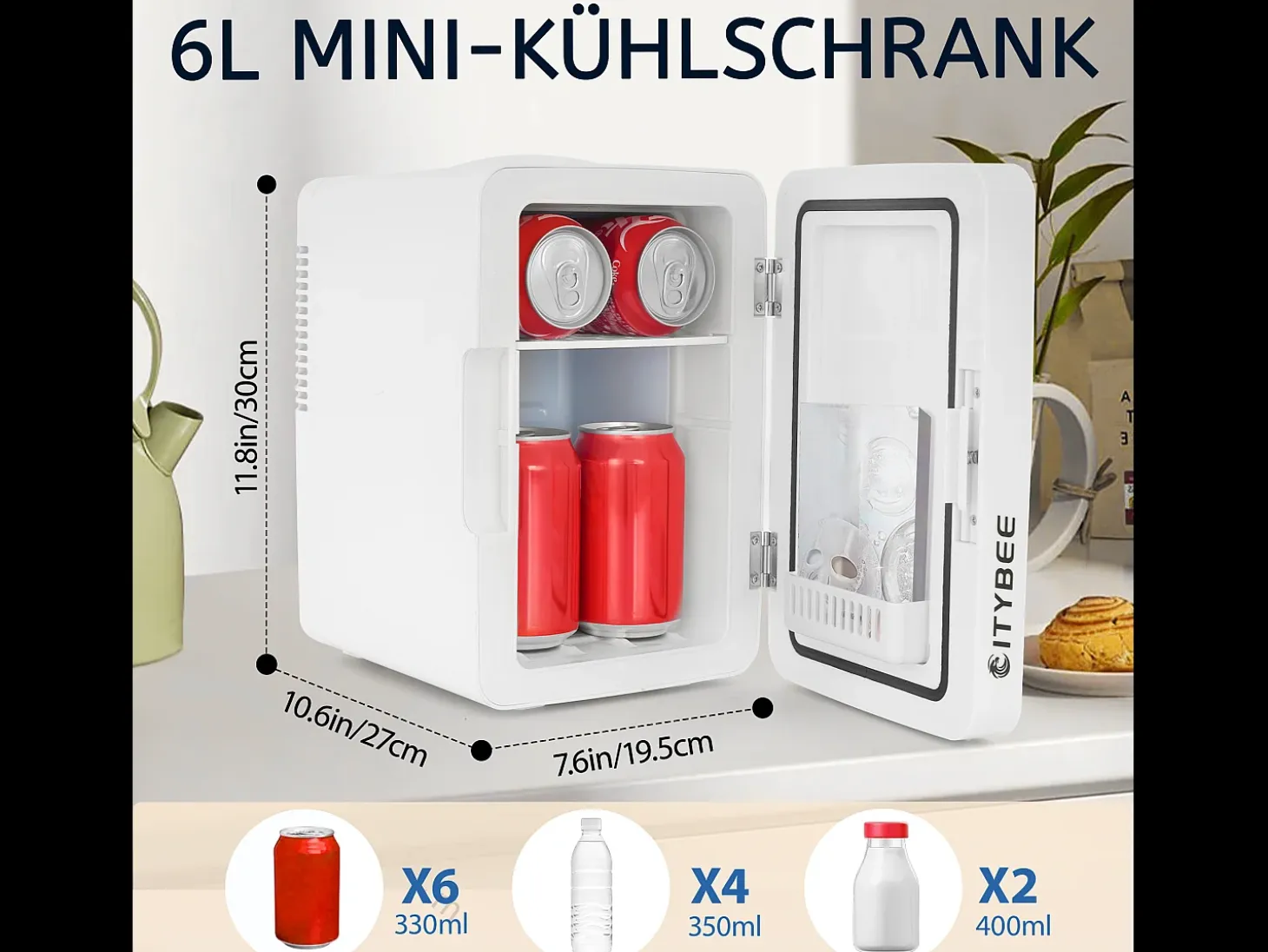 Mini refrigerador NETTLIFE de 6 litros: refrigerador pequeño silencioso de 12 V y 230 V con espejo e iluminación LED.
