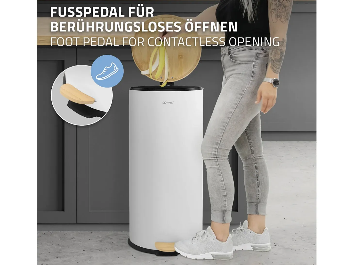 ML-Design Cubo de basura con pedal 30L papelera redonda acabado de acero inoxidable blanco, tapa de bambú con cierre suave para hogar y oficinas