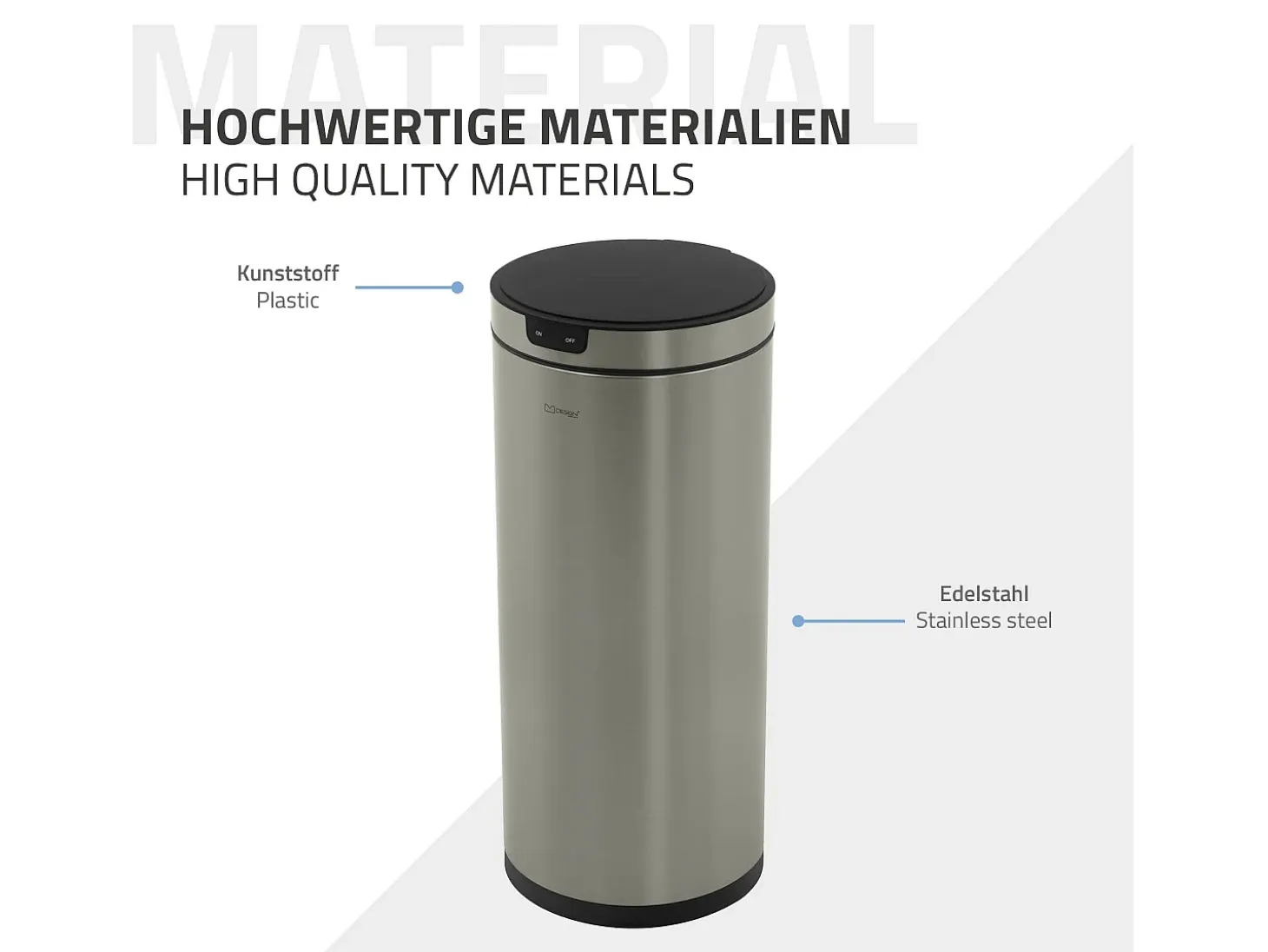 ML-Design Cubo de basura inteligente con sensor de movimiento 40L papelera redonda con apertura y cierre automática de acero plateado con pantalla LED