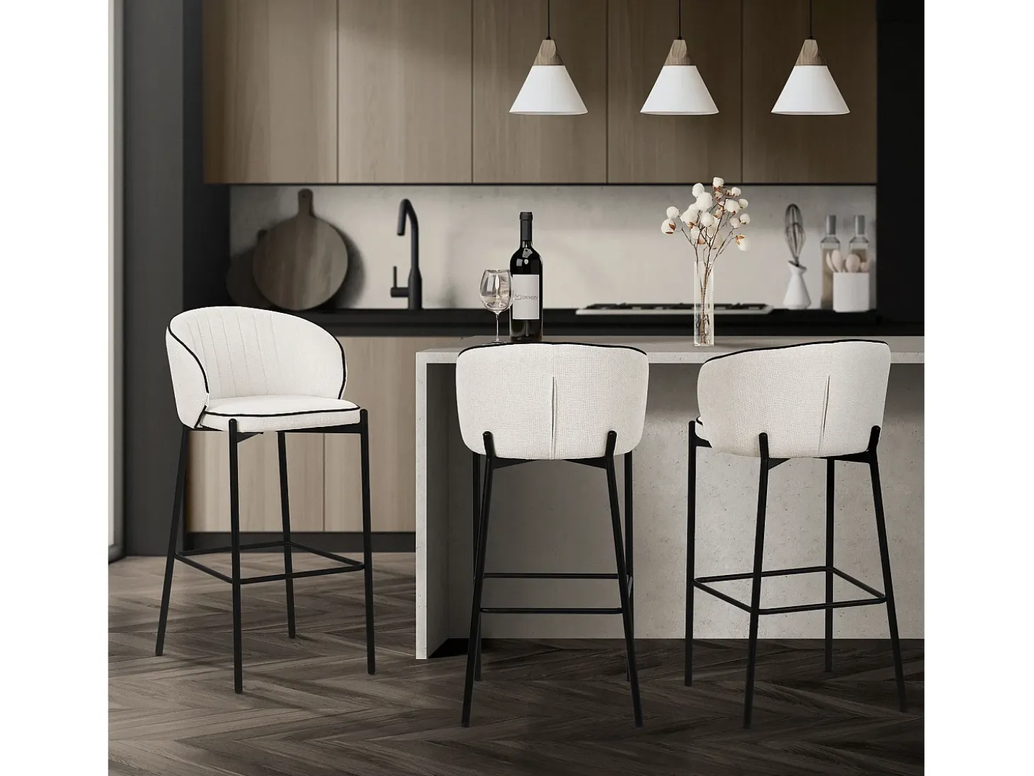 ML-Design 4x Taburetes de bar beige con tapizado de tela, 76cm altura, sillas con respaldo y reposapíes, estructura metálica sillones para encimera