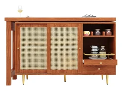 Mobile bar girevole con 2 ante scorrevoli in rattan e cassetto - marrone