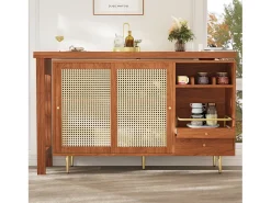 Mobile bar girevole con 2 ante scorrevoli in rattan e cassetto - marrone