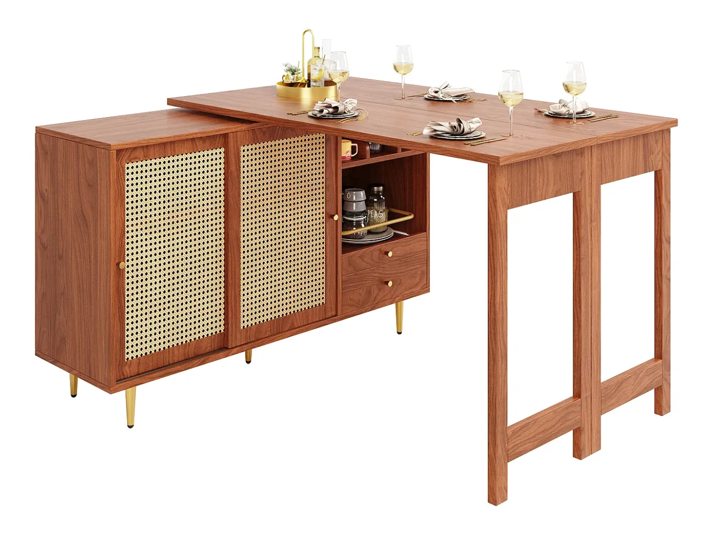 Mobile bar girevole con 2 ante scorrevoli in rattan e cassetto - marrone
