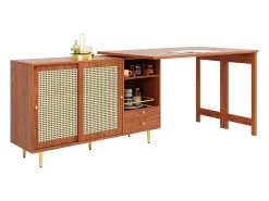 Mobile bar girevole con 2 ante scorrevoli in rattan e cassetto - marrone