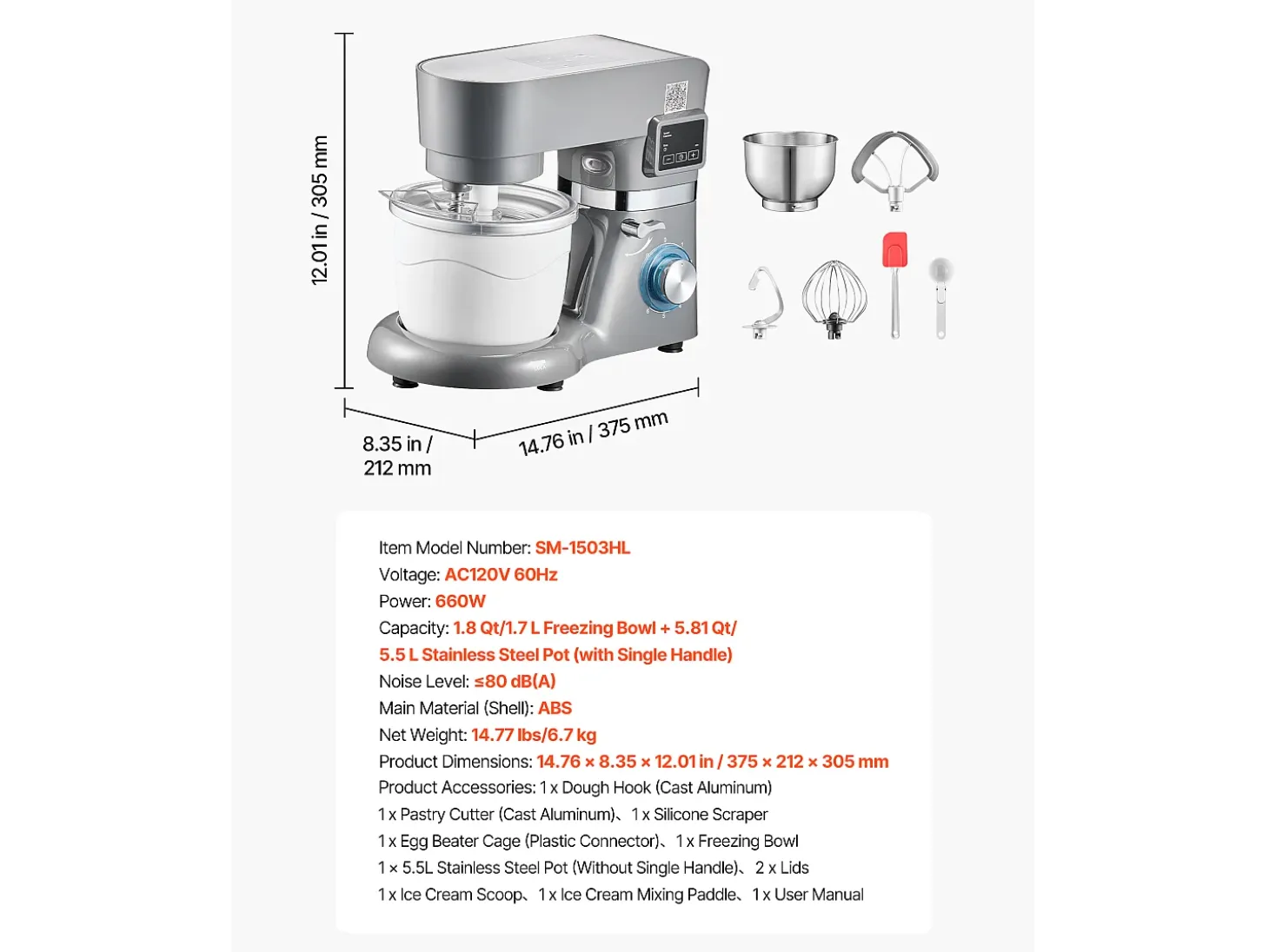 Máquina de Hacer Sorbetes SucceBuy 1,7 L, Robot de Repostería a 6 Velocidades, con Pantalla Digital LED y Temporizador, Paleta de Mezcla, Gancho Amasador, Gris