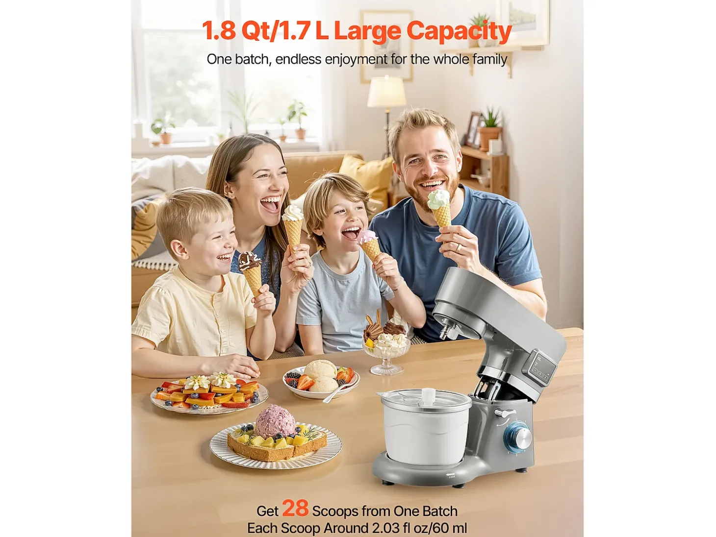 Máquina de Hacer Sorbetes SucceBuy 1,7 L, Robot de Repostería a 6 Velocidades, con Pantalla Digital LED y Temporizador, Paleta de Mezcla, Gancho Amasador, Gris