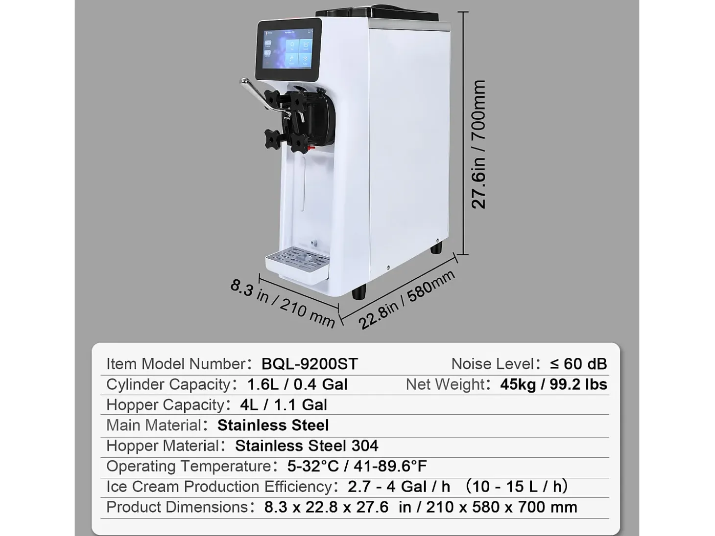 Máquina de Helado Blando SucceBuy, 10 L/h 900 W, 1 Sabor, Pre-enfriamiento Automático con Pantalla Táctil, para Sundae Yogur