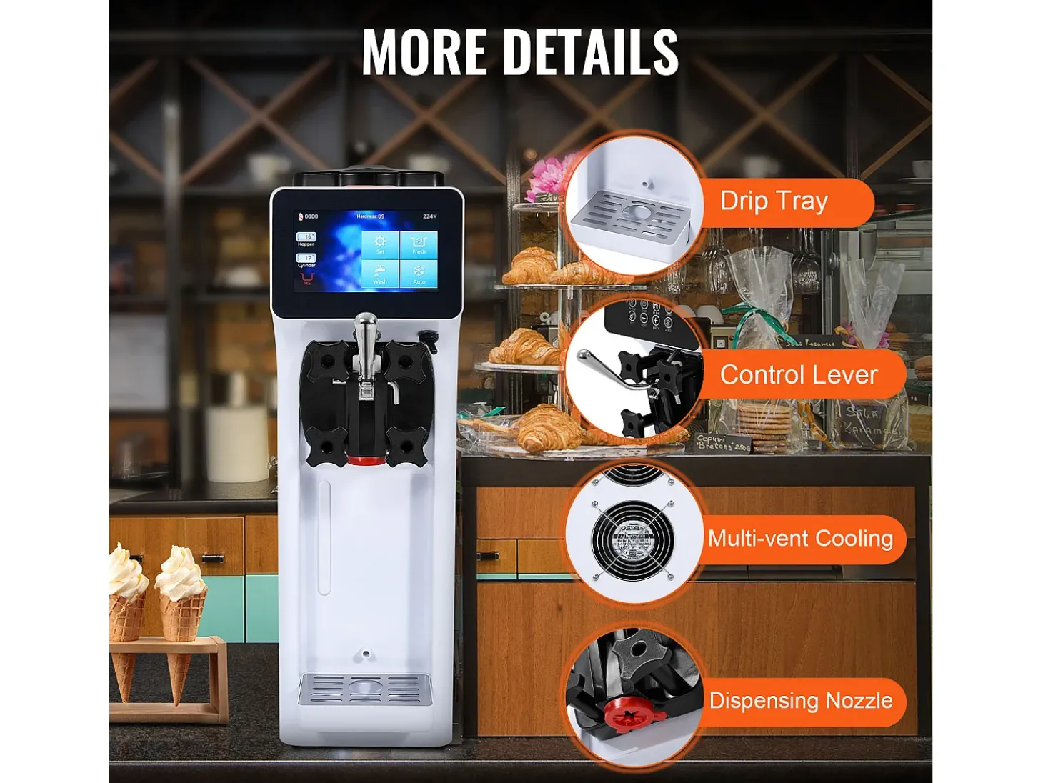 Máquina de Helado Blando SucceBuy, 10 L/h 900 W, 1 Sabor, Pre-enfriamiento Automático con Pantalla Táctil, para Sundae Yogur