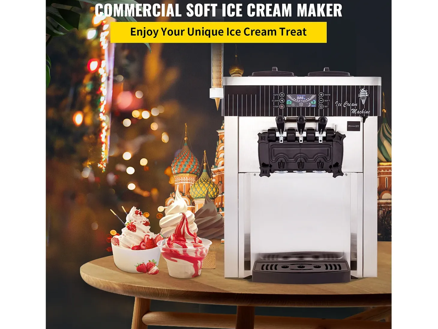 Máquina de Helado Blando SucceBuy, Comercial de Mostrador 2200 W 2 + 1 Sabores, para Restaurantes, Bares, Cafeterías, Panaderías