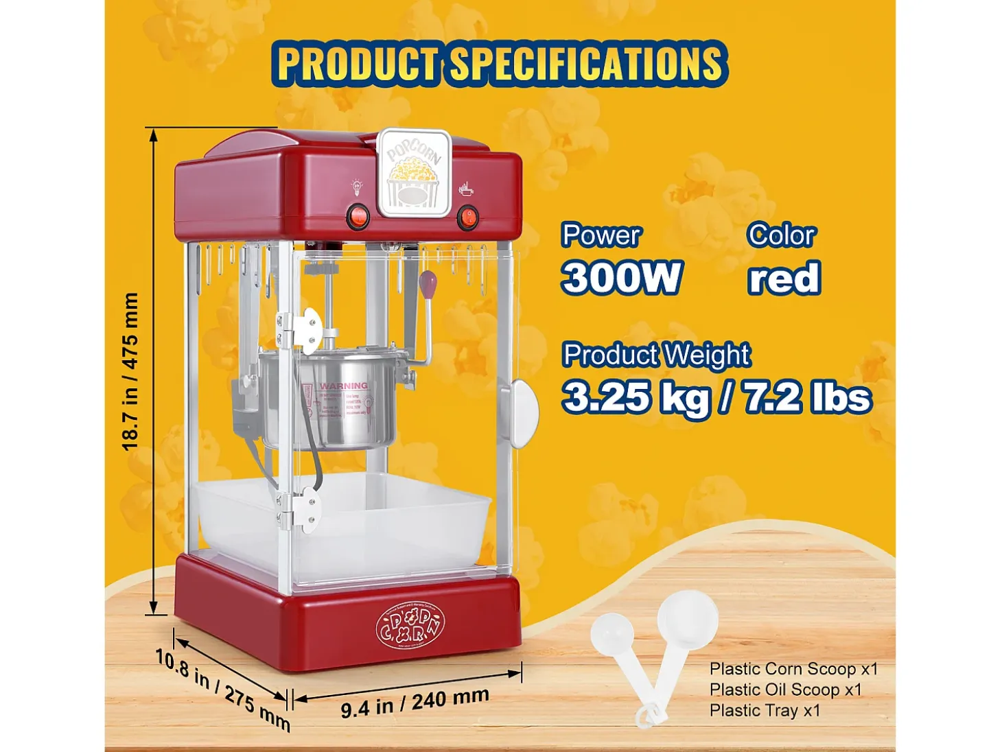 Máquina de Palomitas SucceBuy, Kettle Popper 300 W y 2,5 oz, 4 Pintes por Lote, Máquina de Mesa con Puerta de PP, Roja