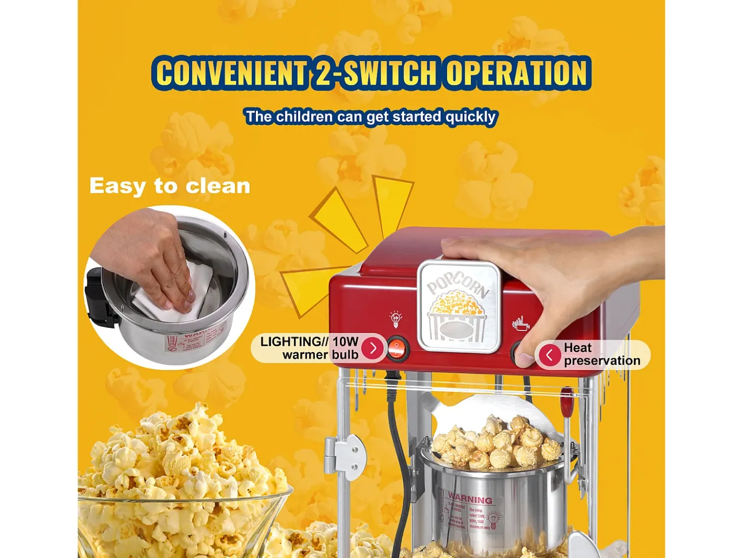 Máquina de Palomitas SucceBuy, Kettle Popper 300 W y 2,5 oz, 4 Pintes por Lote, Máquina de Mesa con Puerta de PP, Roja