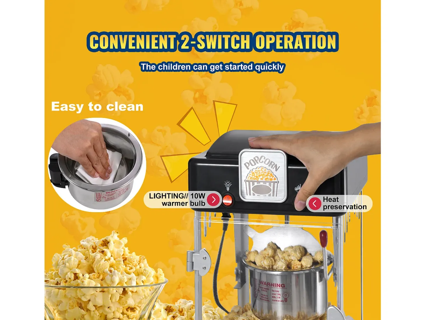 Máquina de Palomitas SucceBuy 300 W, Máquina de Palomitas de Mesa con Puerta de PP, Incluye 2 Cucharas y una Bandeja, Estilo Cine, Negro