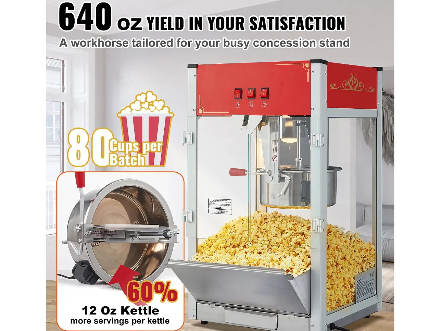 Máquina de Palomitas SucceBuy, 1440 W, Caldero de 12 oz, 80 Tazas por Lote, Máquina de Mostrador con Vidrio Templado, 3 Cucharas de Acero Inoxidable, Rojo
