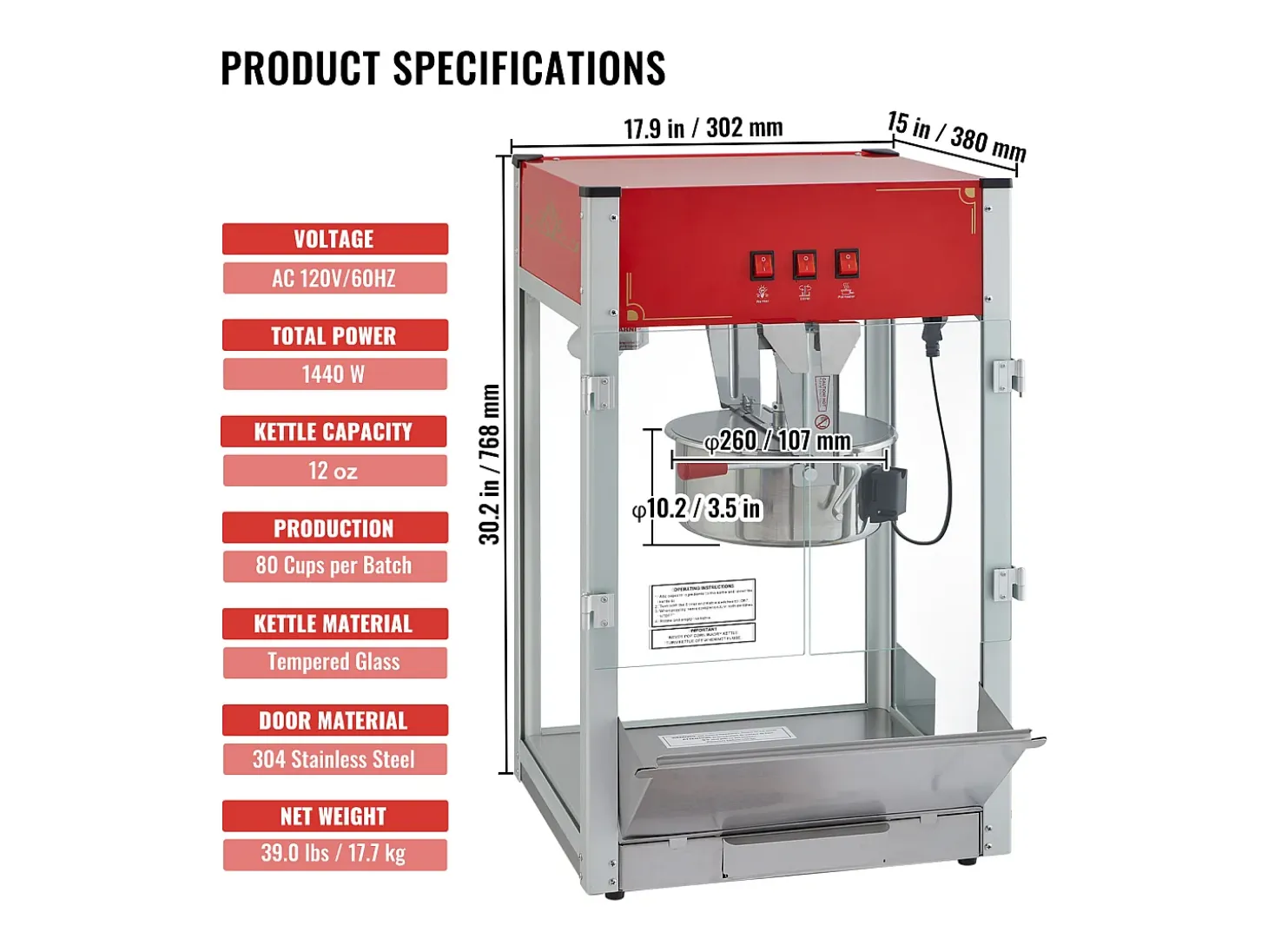 Máquina de Palomitas SucceBuy, 1440 W, Caldero de 12 oz, 80 Tazas por Lote, Máquina de Mostrador con Vidrio Templado, 3 Cucharas de Acero Inoxidable, Rojo