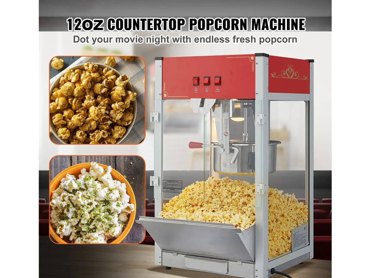 Máquina de Palomitas SucceBuy, 1440 W, Caldero de 12 oz, 80 Tazas por Lote, Máquina de Mostrador con Vidrio Templado, 3 Cucharas de Acero Inoxidable, Rojo