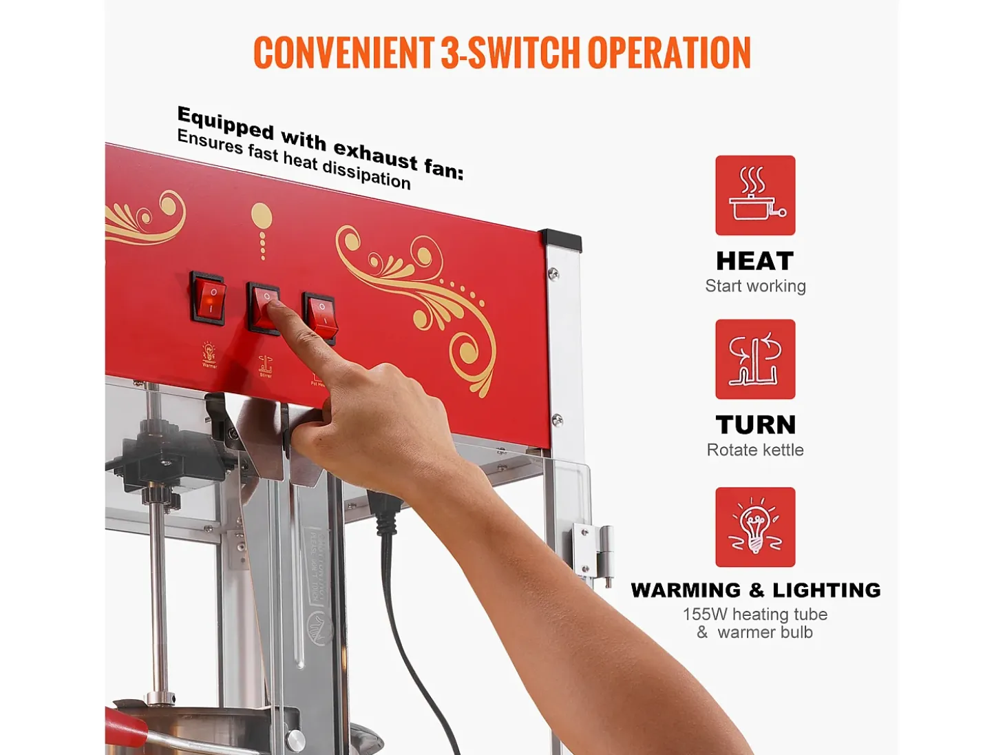 Máquina de Palomitas SucceBuy 1615 W, Máquina de Popcorn de 16 oz, Máquina de Mostrador con Caldero de Vidrio Templado, Estilo Cine, Rojo