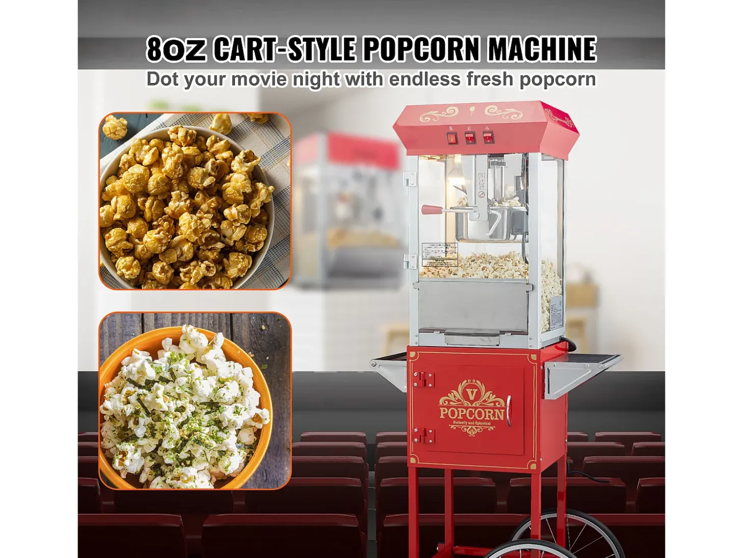 Máquina de Palomitas SucceBuy, Máquina de Palomitas con Carrito, 850 W, 8 oz, 48 Tazas, Rojo, 610 x 410 x 1395 mm
