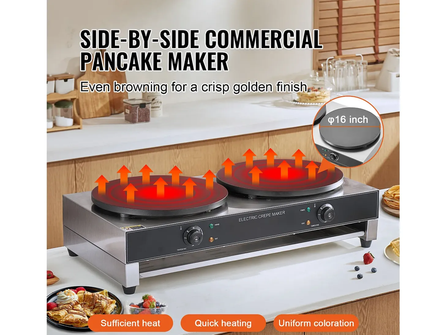 Máquina para Hacer Gofres SucceBuy Crepera Eléctrica de 40,6 cm y 3400 W, Doble Cabezal, para Gofres Comerciales