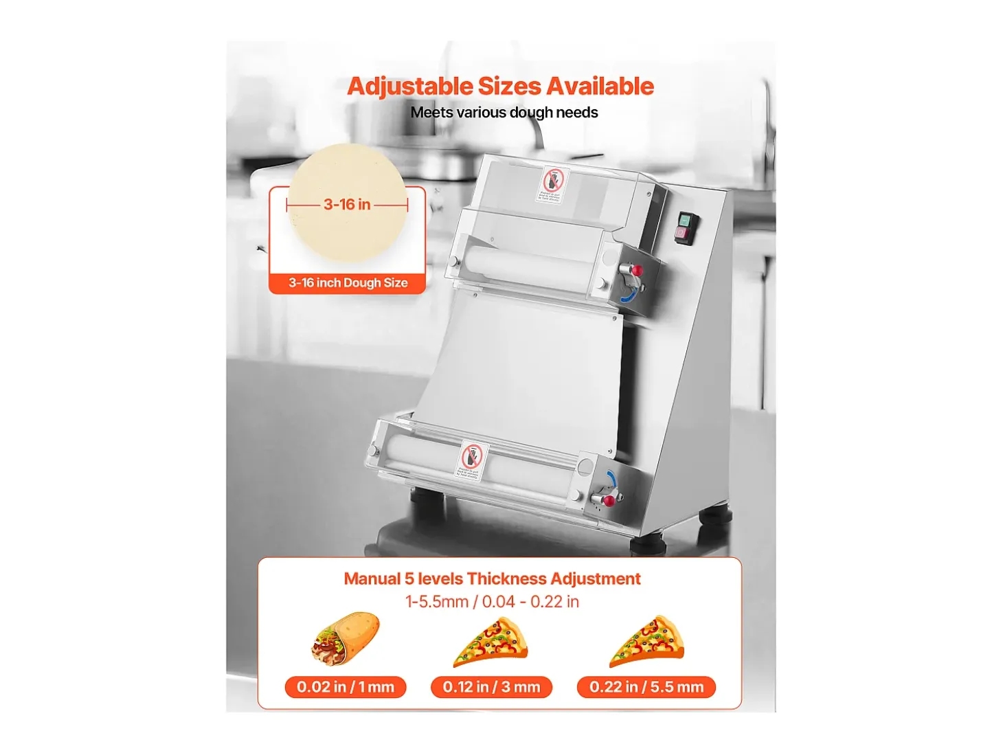 Máquina para Hacer Pizzas SucceBuy, 7,6-40,6 cm, Prensa de Masa Eléctrica Comercial de 390 W, 260 Hojas por Hora, Grosor Ajustable con Tapa