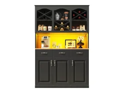 Mueble alto de cocina 120x40x180cm - 3 puertas + 3 cajones - Estantes abiertos - Mueble alto - Con iluminación LED - Almacén para vino - Negro