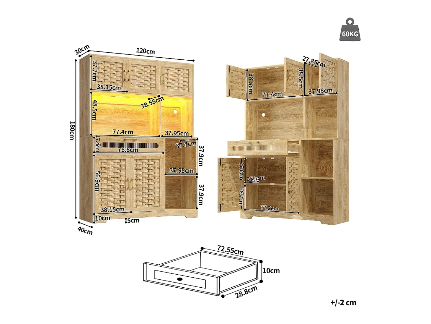 Mueble alto de cocina 120x40x180cm - 5 puertas + 1 cajón - LED - Mueble alto - Buffet multifuncional - Decoración de rattán - Natural