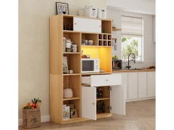 Mueble alto de cocina 115x35x180cm - 3 puertas + 1 cajón - con iluminación LED - mueble alto - Natural + Blanco