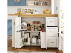 Mueble bar de cocina extensible con ruedas - 135-228 x 39 x 104 cm - con 2 puertas + 3 cajones - MDF + metal - blanco