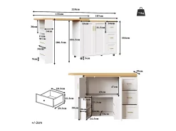 Mueble bar de cocina extensible con ruedas - 135-228 x 39 x 104 cm - con 2 puertas + 3 cajones - MDF + metal - blanco