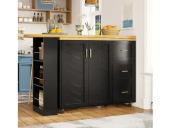 Mueble bar de cocina extensible con ruedas - 135-228 x 39 x 104 cm - con 2 puertas + 3 cajones - MDF + metal - negro