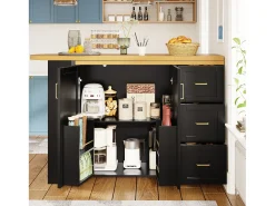 Mueble bar de cocina extensible con ruedas - 135-228 x 39 x 104 cm - con 2 puertas + 3 cajones - MDF + metal - negro